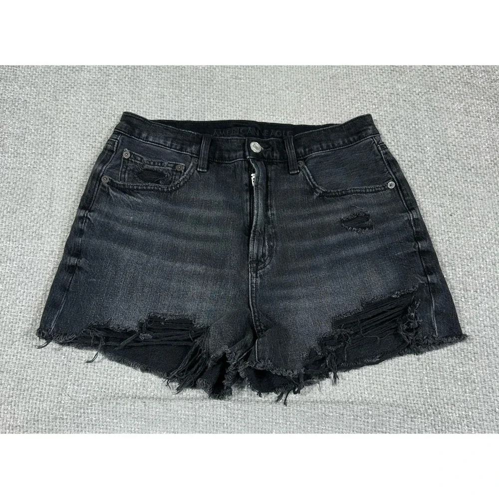 American Eagle Jean Shorts Womens‎ 6 Black Distressed Highest Rise 90s Boyfriend